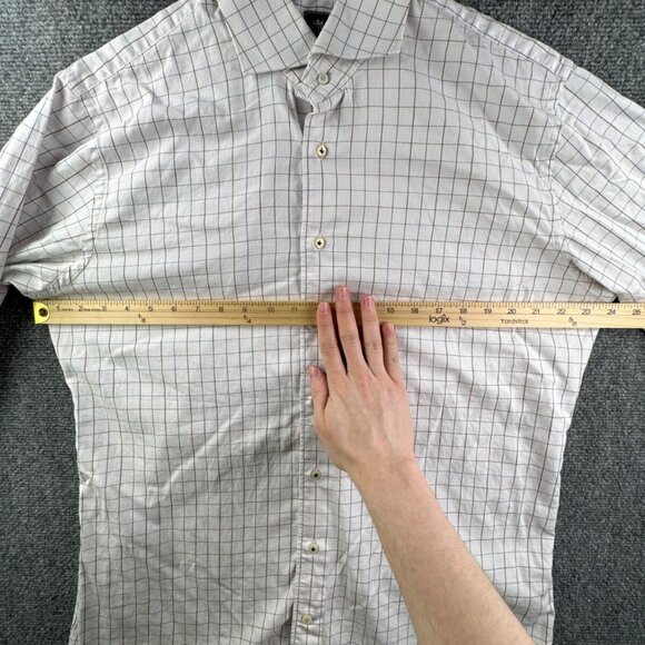 Peter Millar Men Button Up Shirt Long Sleeve 16.5 Cotton Blue Brown Check Adult - Picture 4 of 12